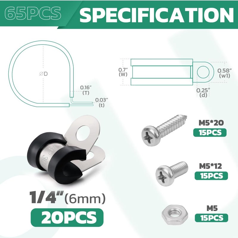 ORU 20PCS 1/4 Inch Cable Clamps with 45PCS Screws Assortment Kit 304 Stainless Steel Rubber Cushioned Insulated Cable Clamp, Automotive Wire Pipe Clamps(6mm) - Image 2